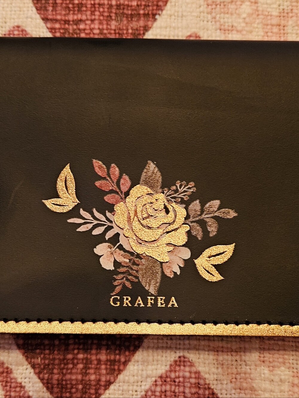 Grafea Black & Gold Floral Rose 100% Leather Wallet Made in England